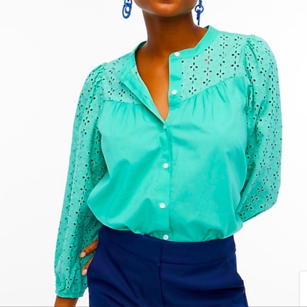 J.Crew Mixed-Media Button Front Top in Venetian Green